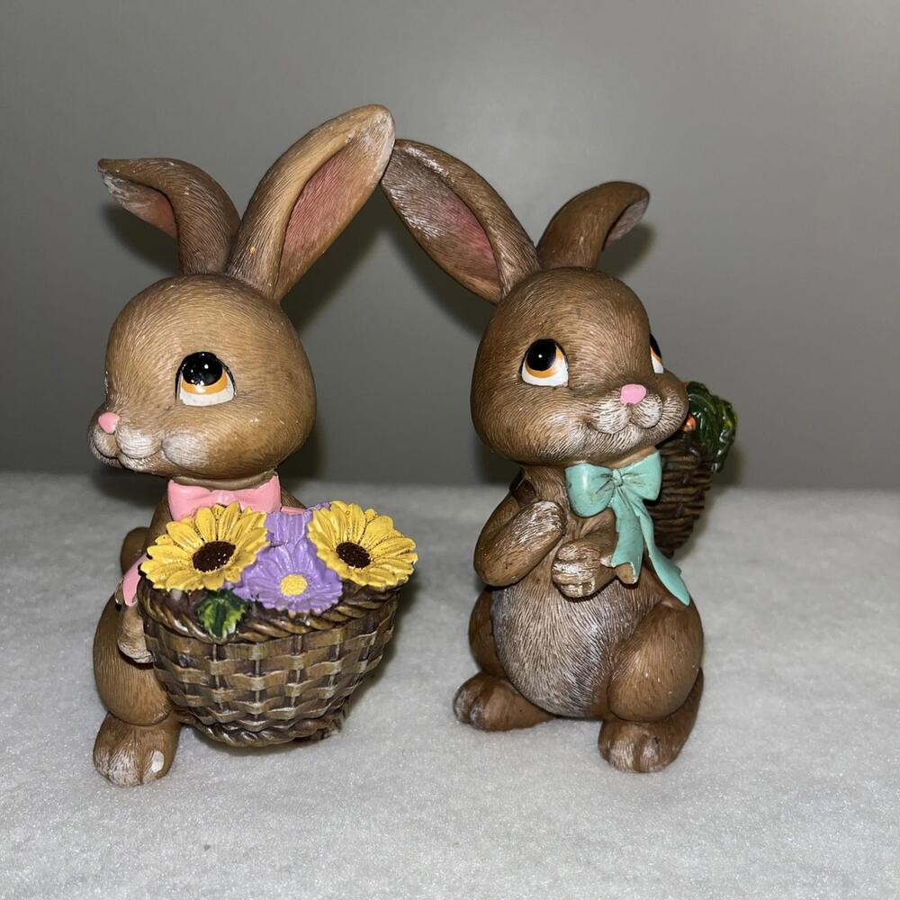 Hobby Lobby Chocolate Brown Bunnies Figurines Easter Flowers Carrots Resin